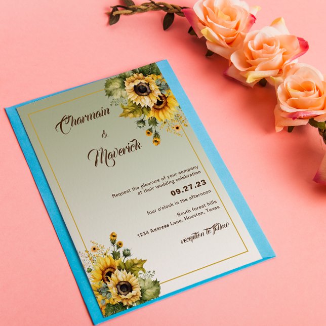 Convite Casamento Verde de Verão de Sunflower Elegante (Criador carregado)