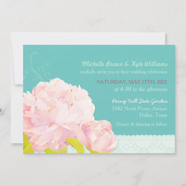 Convite Casamento Verde de Watercolor Peony Lagoon (Frente)