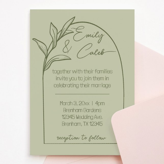 Convite Casamento Verde do Arch Folha Moderno (wedding invitation sage green leaves arch cursive script. Calm, romantic, botanical leaf invite)