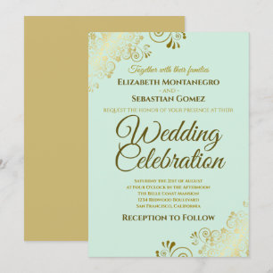 Convite Casamento Verde do Elegante Neo Mint Chic Dourado