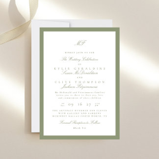 Convite Casamento verde do Monograma Clássico com Moldura