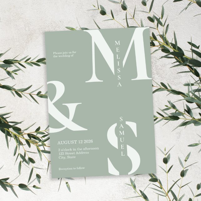 Convite Casamento Verde do Monograma Elegante Moderno (Modern Elegant Monogram Sage Green Wedding Invitation)