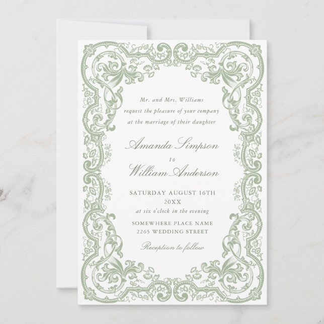 Convite Casamento Verde do Ornamentado Floral Sage (Frente)