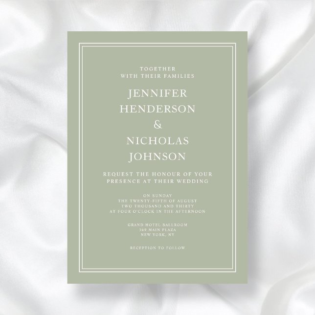 Convite Casamento Verde do Sábio Formal Moderno Elegante (Modern Elegant Formal Sage Green Wedding Invitation)