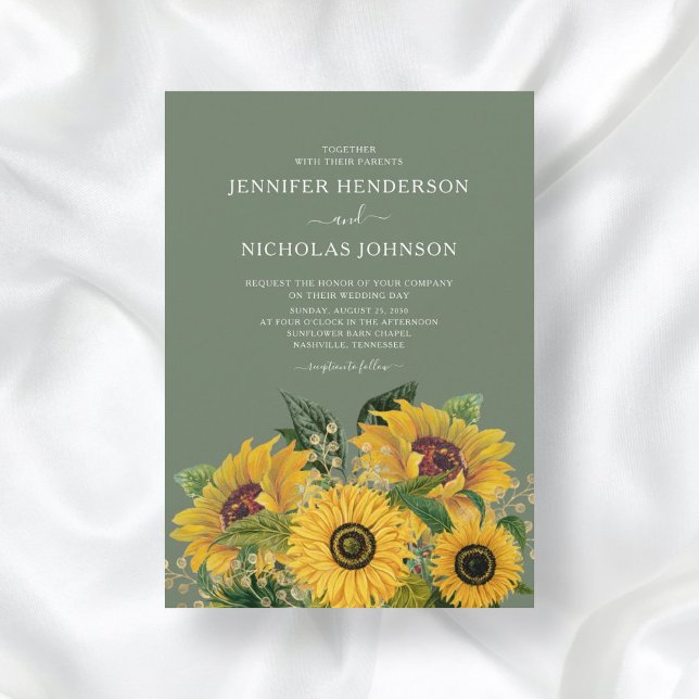 Convite Casamento Verde dos Florais Sunflower Elegante (Criador carregado)