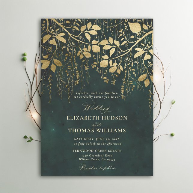 Convite Casamento Verde Dourado com Folhagem de Florestas  (Enchanted Forest Emerald Green Draped Greenery Modern Calligraphy Wedding Invitation)