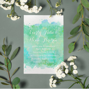 Convite Casamento Verde e Azul de Aquarela