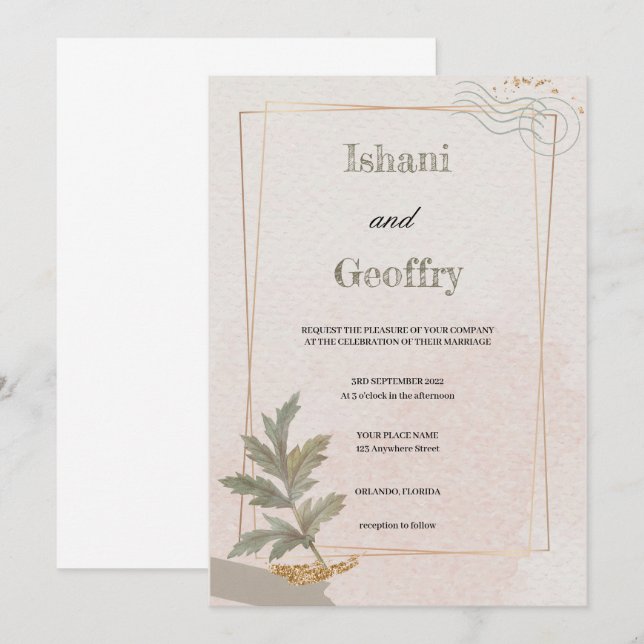 CONVITE CASAMENTO VERDE E BEIGE SIMPLES E ELEGANTE (Frente/Verso)
