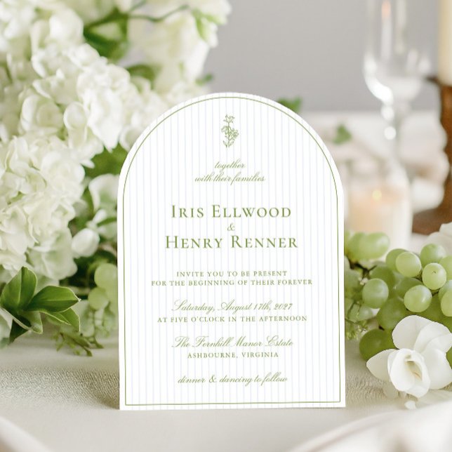 Convite Casamento Verde e Blue Stripe do Arch Elegante (Elegant Arch Sage Green & Blue Stripe Wedding Invitation)