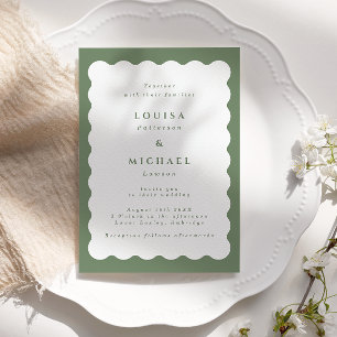 Convite Casamento Verde e Branco com Borda Ondulada Boho