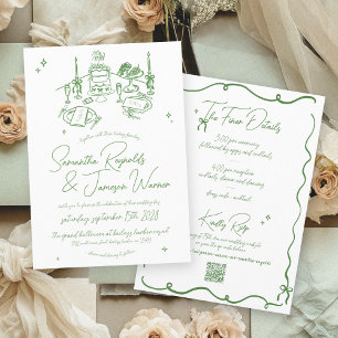 Convite Casamento Verde e Branco Desenhado à Mão Retroativ