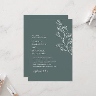 Convite Casamento Verde e Branco Moderno Floral Escuro Bot