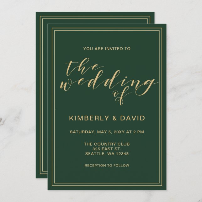 Convite Casamento Verde e Dourado (Frente/Verso)