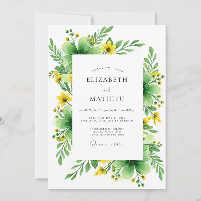 Convite Casamento Verde e Florido de Verão (Frente)
