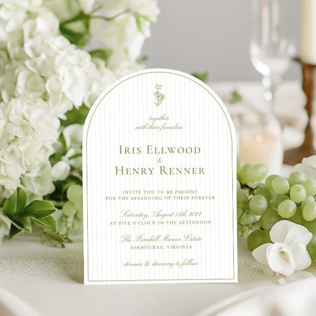 Convite Casamento Verde e Greve de Cerca de Arch Elegante (Elegant Arch Sage Green & Beige Stripe Wedding Invitation)