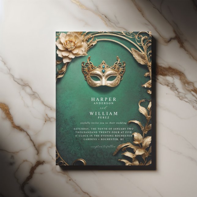 Convite Casamento verde e Mascarada de ouro entonado (Theater green ornated masquerade wedding invitation with a vintage flair)