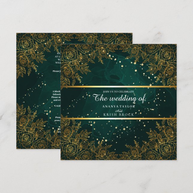 Convite Casamento verde e preto elegante (Frente/Verso)