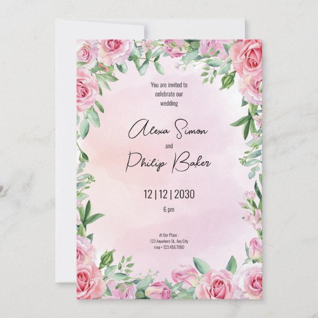 Convite Casamento Verde e Rosa, Flor Verde com Aquarela (Frente)