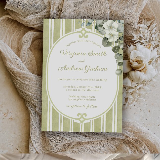 Convite Casamento Verde Elegante com Listras Florais (Criador carregado)