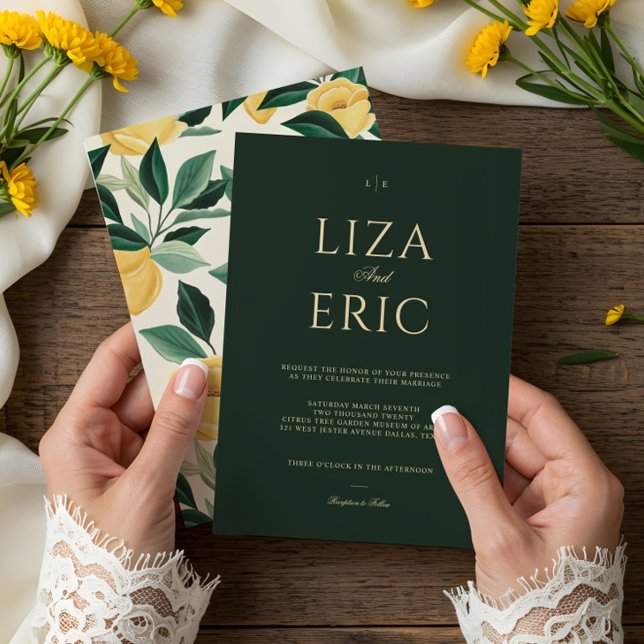 Convite Casamento Verde Elegante de Árvore Floral de Lemon (Lemon Blossom Floral Tree Elegant Green Wedding Invitation)