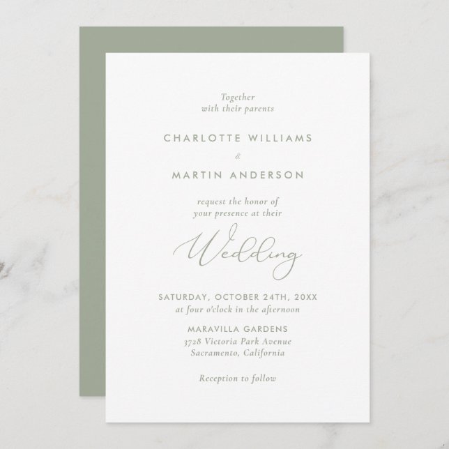 Convite Casamento Verde Elegante do Script Moderno Sage (Frente/Verso)