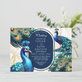 Convite Casamento Verde Elegante Lux Peacocks Garden Emera