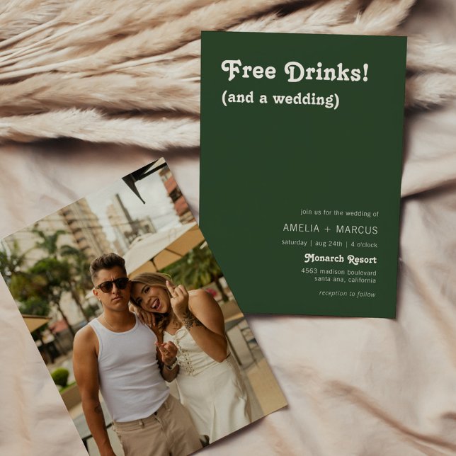 Convite Casamento Verde Escuro Bebidas Grátis Chic Retro M (Criador carregado)