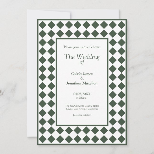 Convite Casamento Verde Escuro Xadrez Simples Moderno (Frente)