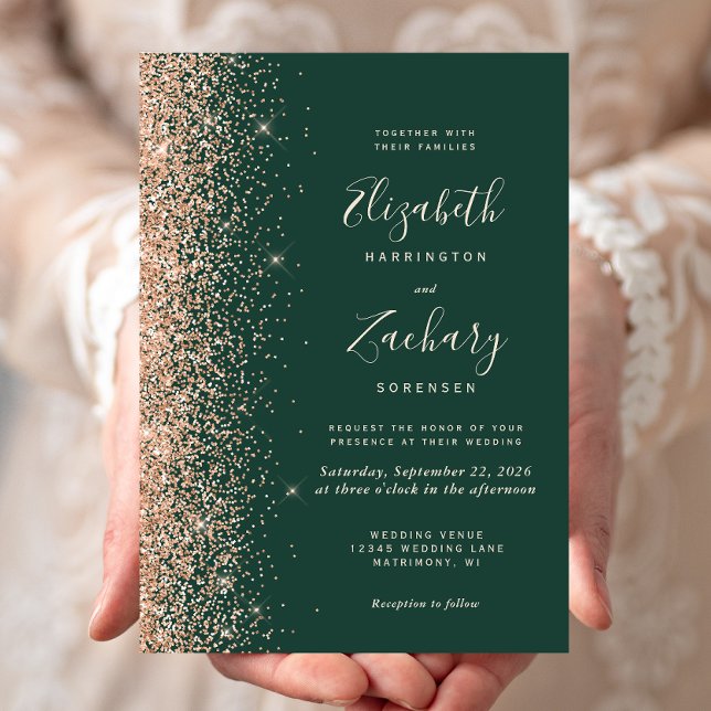 Convite Casamento Verde Esmeralda com Brilho de Pêssego Mo (Criador carregado)
