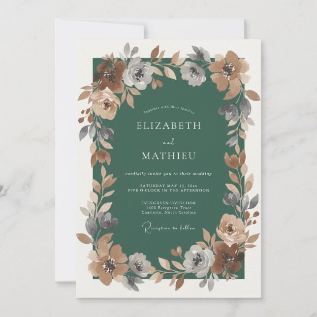 Convite Casamento Verde Esmeralda com Folhas Enferrujadas (Frente)