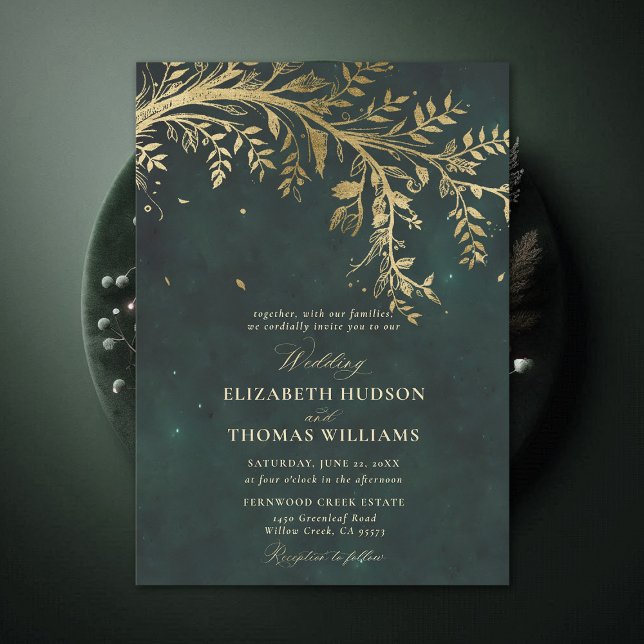 Convite Casamento Verde-Esmeralda-Dourada Floresta Encanta (Enchanted Forest Emerald Green Greenery Branch Gold Modern Calligraphy Wedding Invitation)