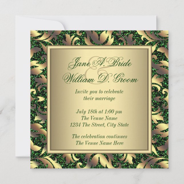 Convite Casamento Verde Esmeralda e Dourado (Frente)
