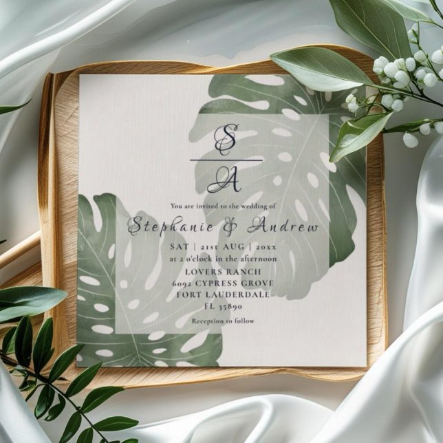 Convite Casamento Verde Esmeralda Elegante Monstera (Criador carregado)