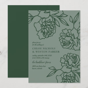 Convite Casamento Verde Esmeralda Moderno das Peonias Lápi