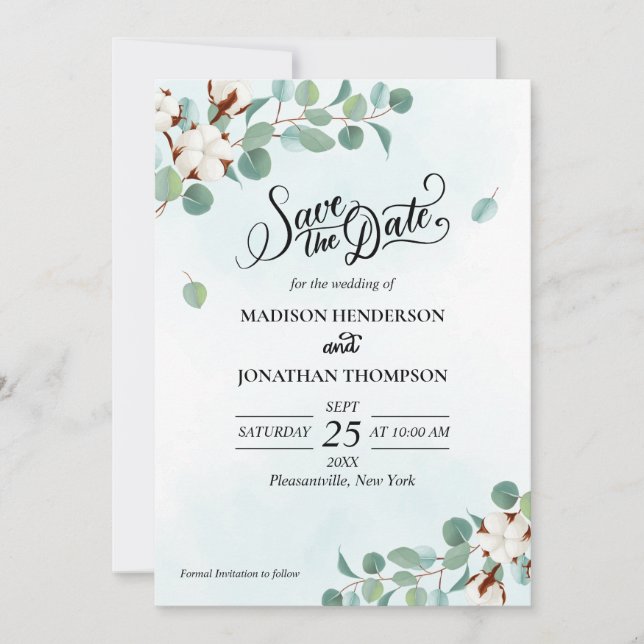 Convite Casamento Verde Eucalyptus e Algodão Salvar a Data (Frente)