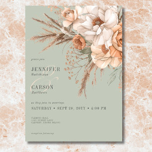 Convite Casamento Verde Floral Boho Terracotta Pêssego & C
