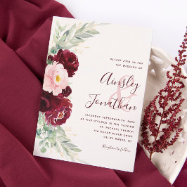 Convite Casamento Verde Floral de Blush Burgundy Moderno