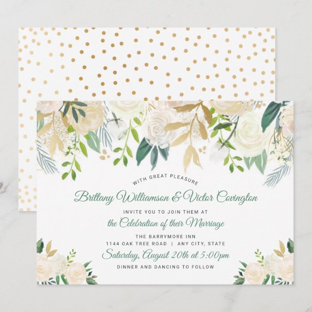 Convite Casamento Verde Floral de Creme Branco Moderno (Frente/Verso)