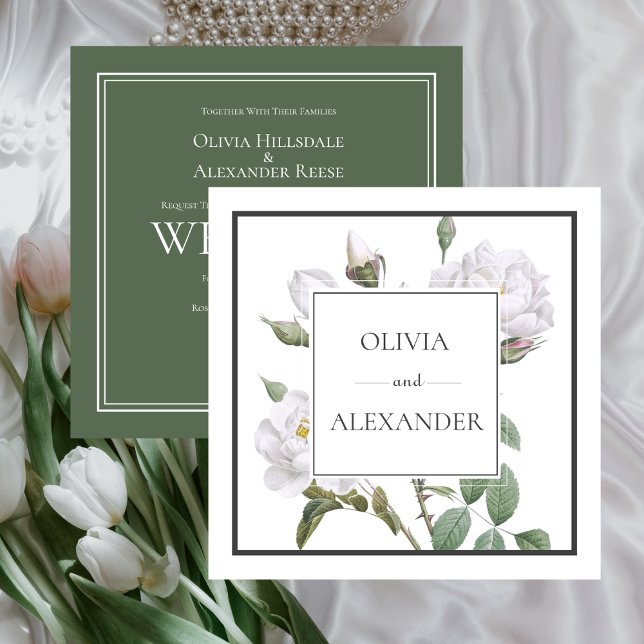 Convite Casamento Verde Floral Elegante de Rosas Brancas (White Roses Elegant Floral Green Wedding Invitation)