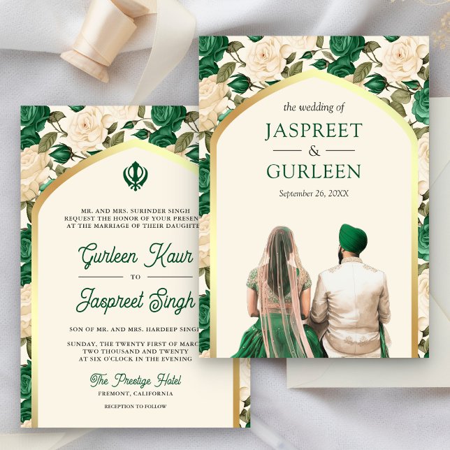 Convite Casamento Verde Floral Punjabi Anand Karaj Sikh (Criador carregado)