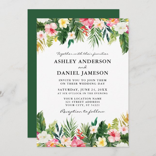 Convite Casamento Verde Floral Tropical Watercolor (Frente/Verso)