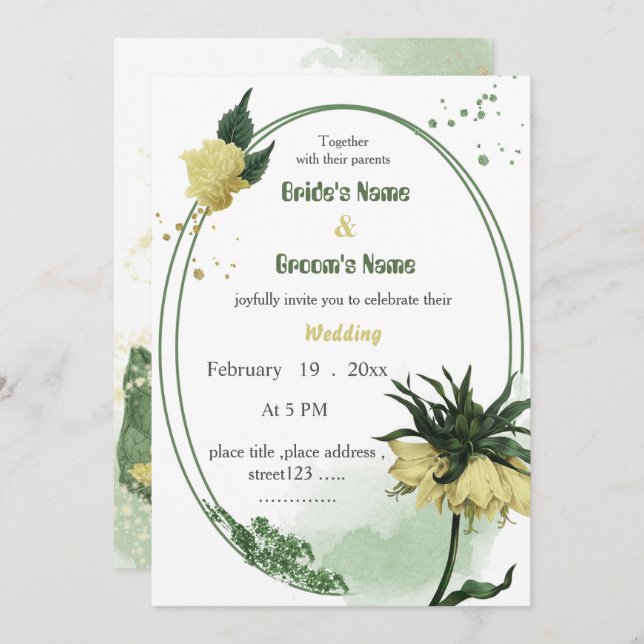 Convite casamento verde-flores amarelas (Frente/Verso)