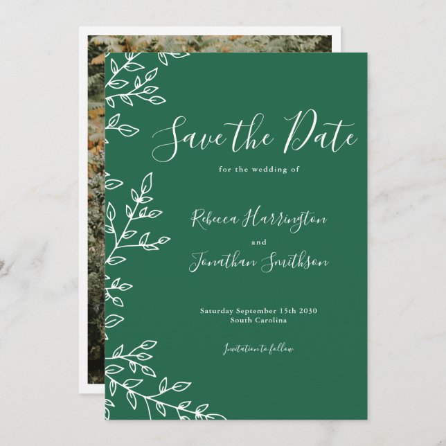 Convite Casamento Verde Folha Mínimo Salvar A Data (Frente/Verso)