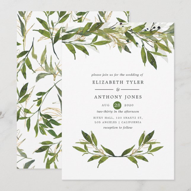 Convite Casamento Verde Folhagem Aquarela (Frente/Verso)