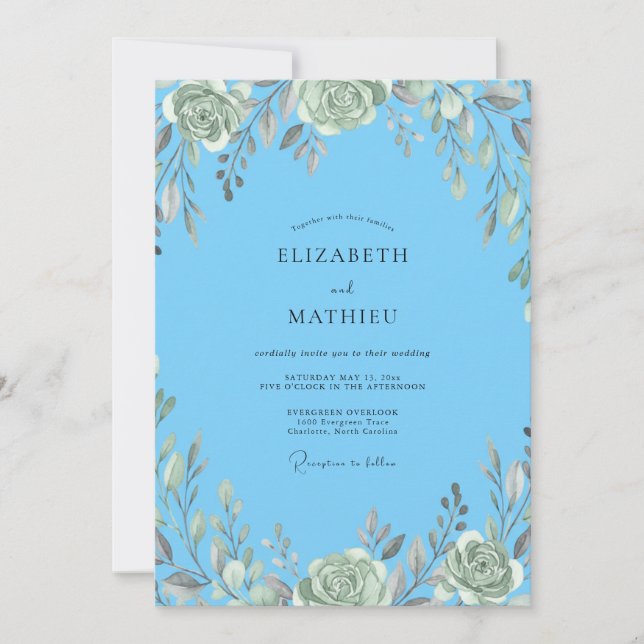 Convite Casamento Verde Folhagem Azure Silenciada (Frente)