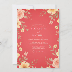 Convite Casamento Verde Folhagem Coral Quente