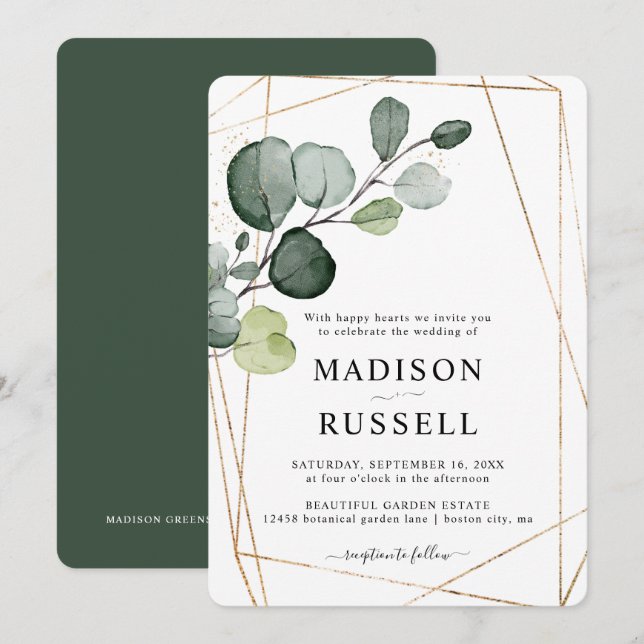 Convite Casamento Verde Folhagem Eucalipto Dourado (Frente/Verso)