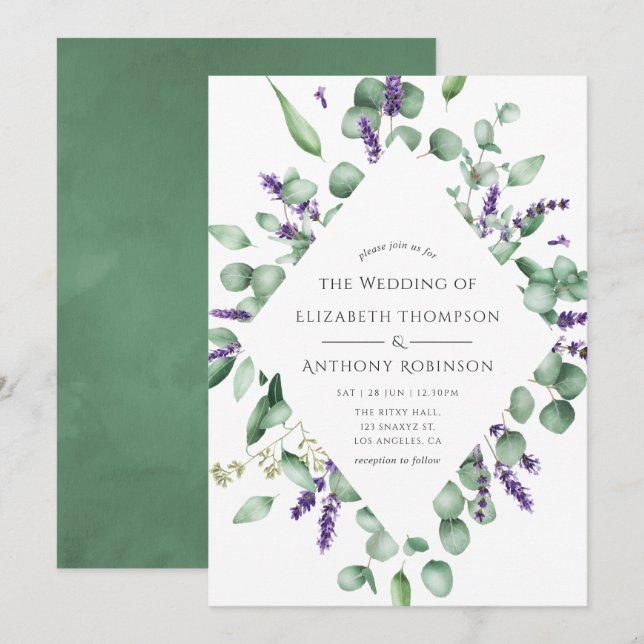 Convite Casamento Verde Folhagem Lavanda Eucalipto (Frente/Verso)