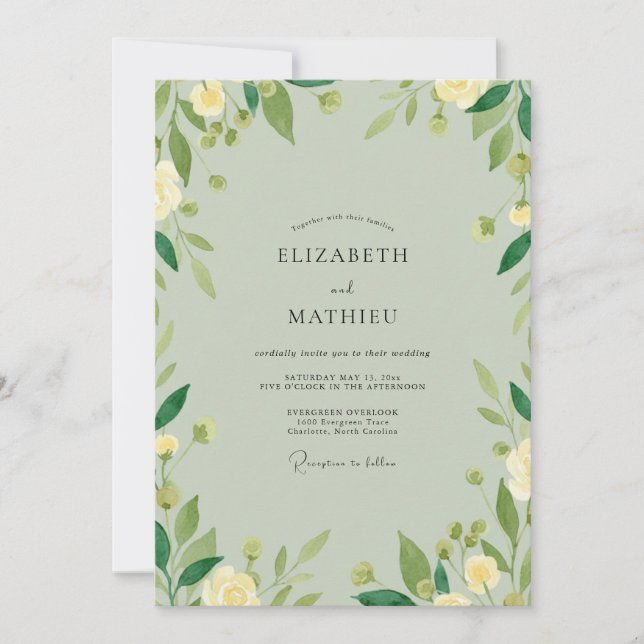 Convite Casamento Verde Folhagem Marfim Celadon (Frente)