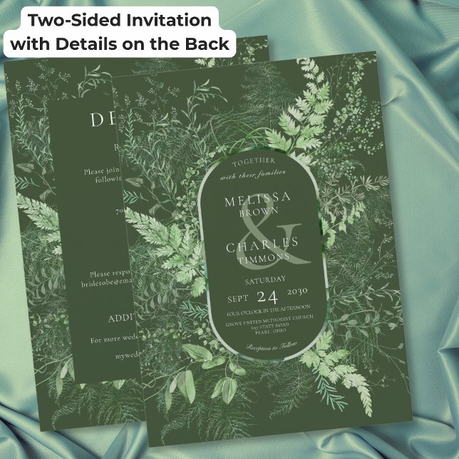 Convite Casamento Verde Folhagem Samambaia Rústica de Dois (Rustic Fern Green Foliage Green Two Sided Wedding Invitation)
